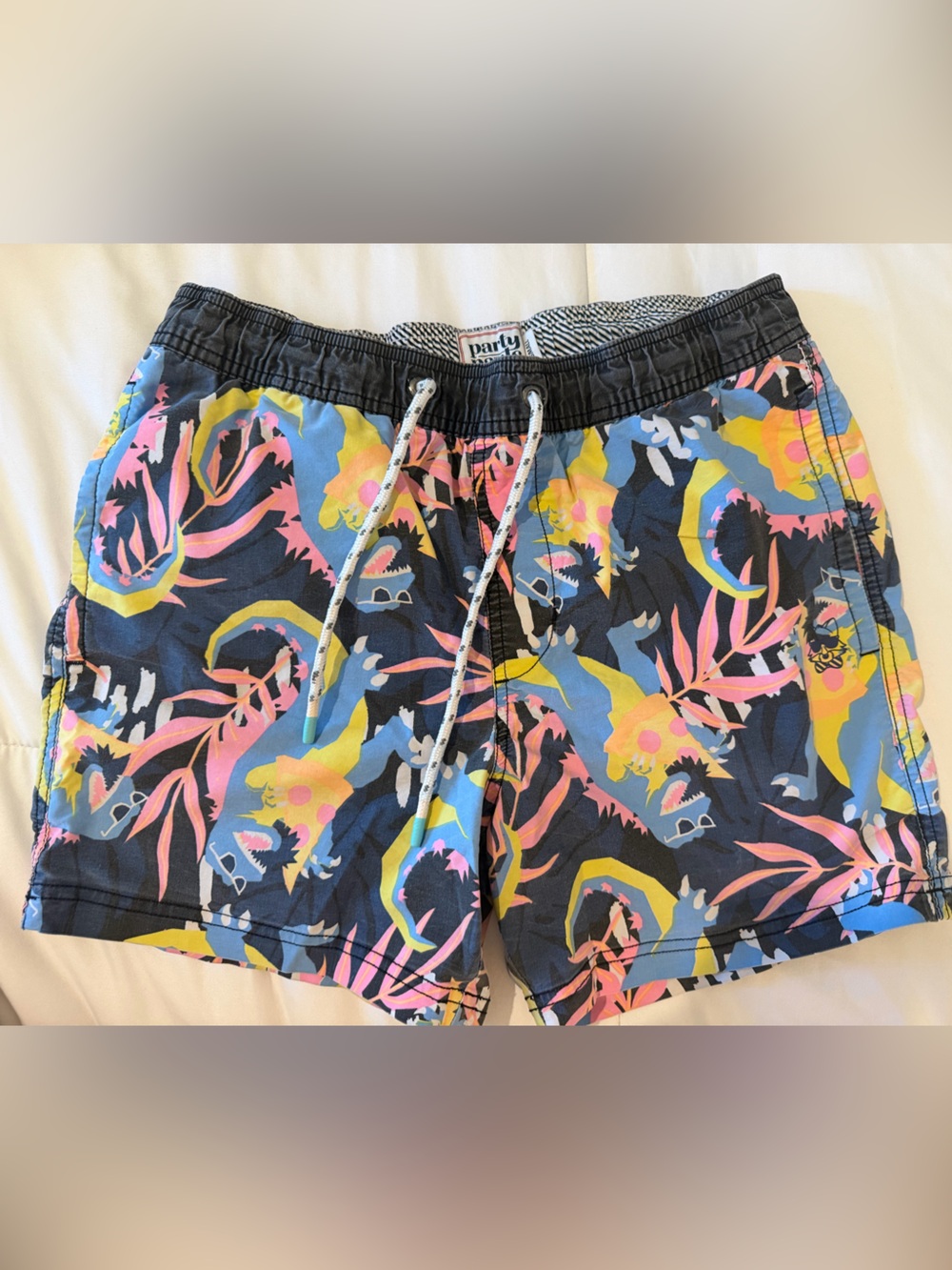 Party Tropical Print Swim Trunks in Navy with Pink & Yellow